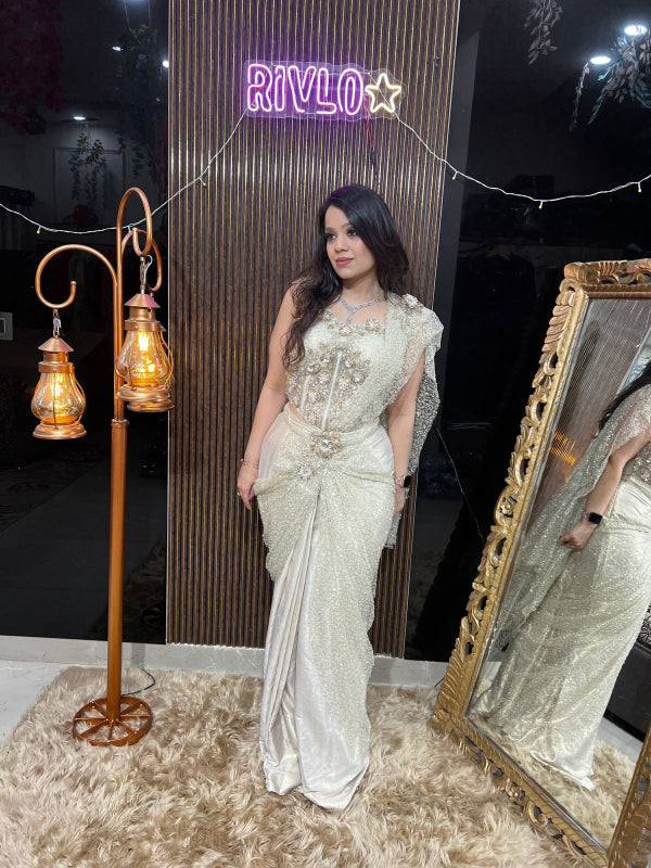 ✨ Ivory Embellished Indo-Western Drape Set AC06