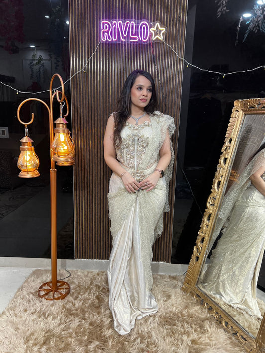 ✨ Ivory Embellished Indo-Western Drape Set AC06