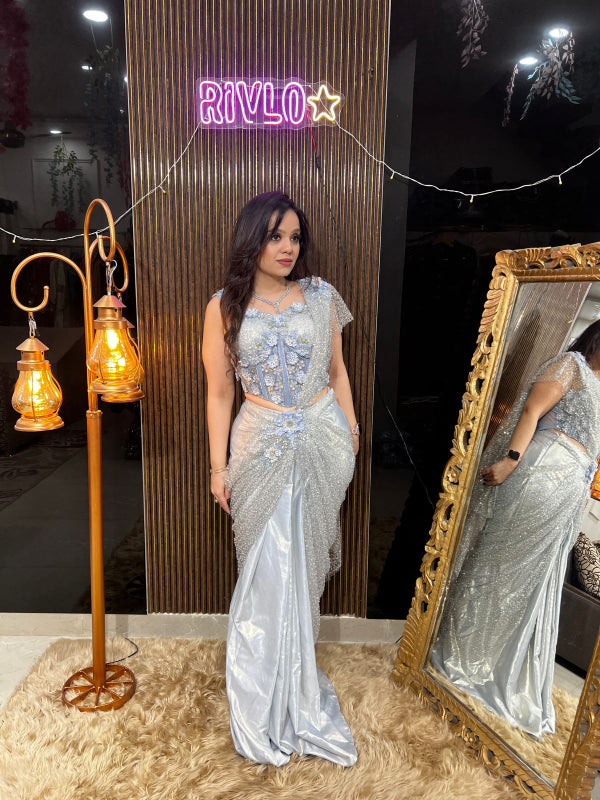 ✨ Silver Embellished Indo-Western Drape Set AC07