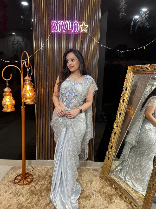 ✨ Silver Embellished Indo-Western Drape Set AC07