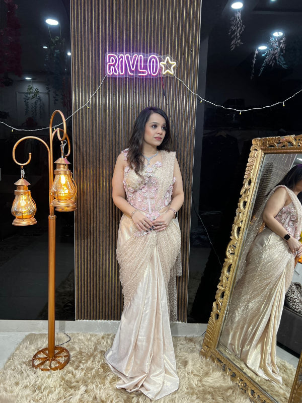 ✨ Rose Gold Embellished Indo-Western Drape Set AC08