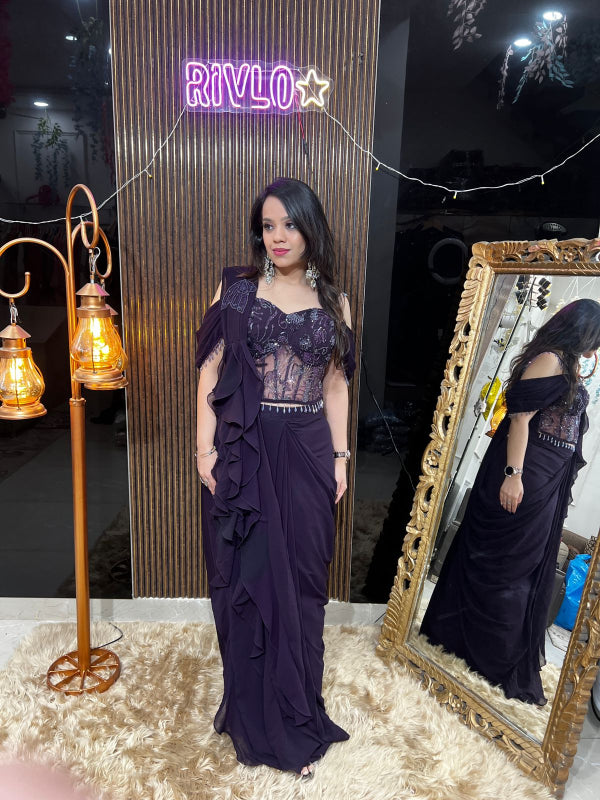 ✨Plum Pre-Draped Saree with Embellished Blouse ✨ RC320