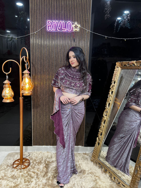 Embellished Drape Saree Set With Cape RC399