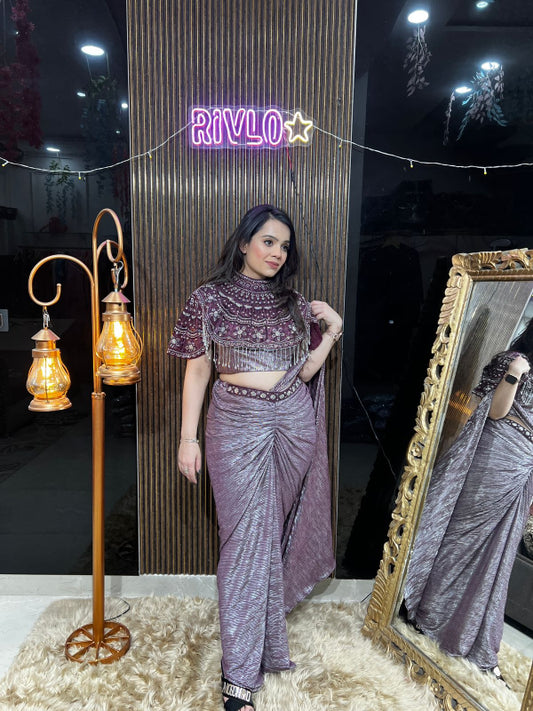 Embellished Drape Saree Set With Cape RC399