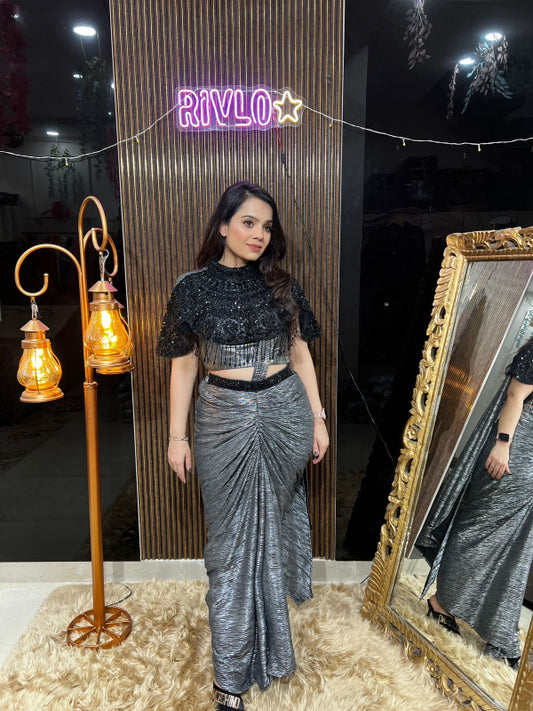 Embellished Drape Saree Set With Cape RC399