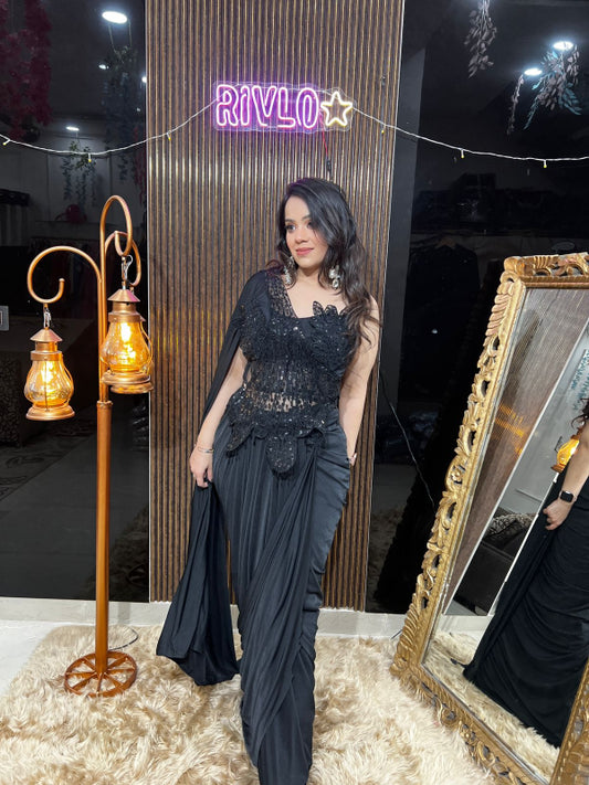 ✨ Midnight Black And Blue Sequin Drape Saree  AC13