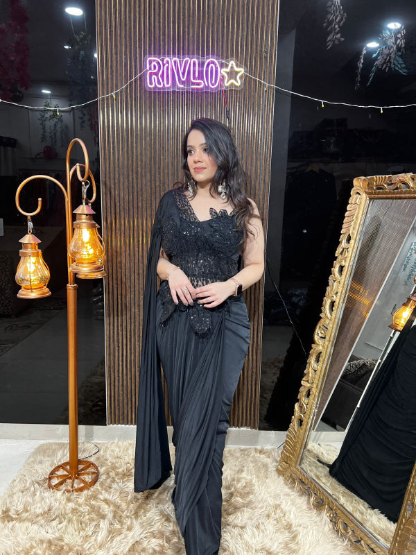 ✨ Midnight Black And Blue Sequin Drape Saree  AC13