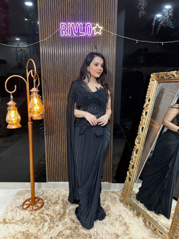 ✨ Midnight Black And Blue Sequin Drape Saree  AC13