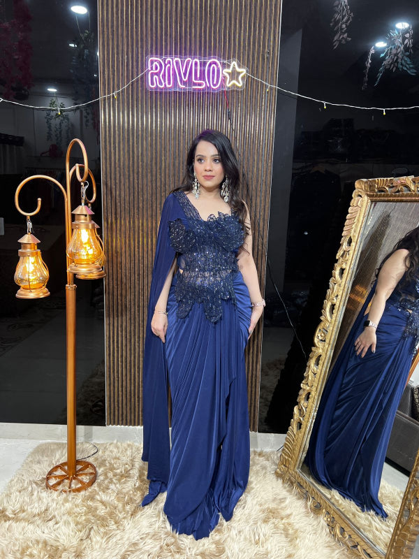 ✨ Midnight Black And Blue Sequin Drape Saree  AC13