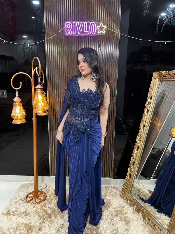 ✨ Midnight Black And Blue Sequin Drape Saree  AC13