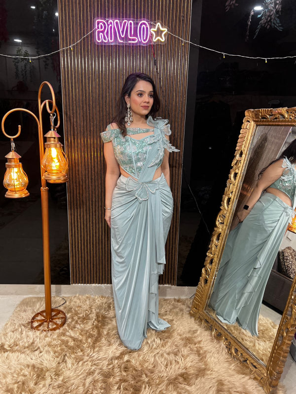 Champagne Crystal And Mint Green Drape Saree Set RC400