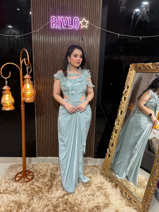 Champagne Crystal And Mint Green Drape Saree Set RC400