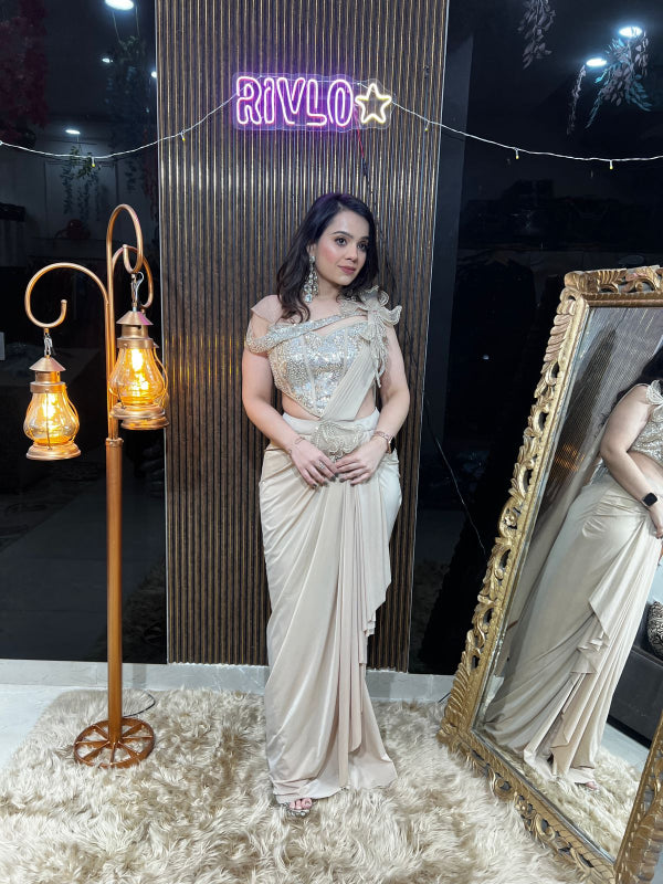 Champagne Crystal And Mint Green Drape Saree Set RC400