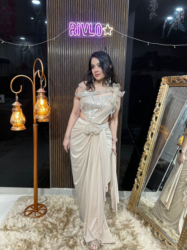 Champagne Crystal And Mint Green Drape Saree Set RC400