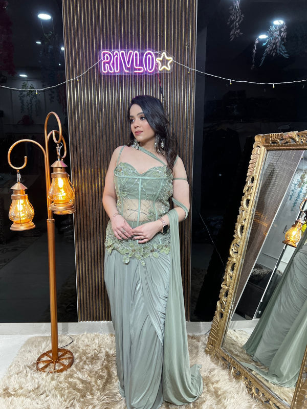 ✨ Mint Green Embellished Drape Saree Gown AC12