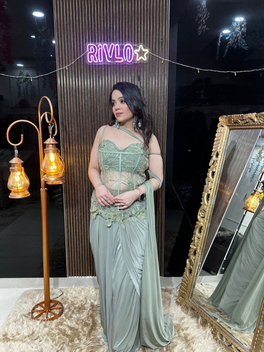 ✨ Mint Green Embellished Drape Saree Gown AC12