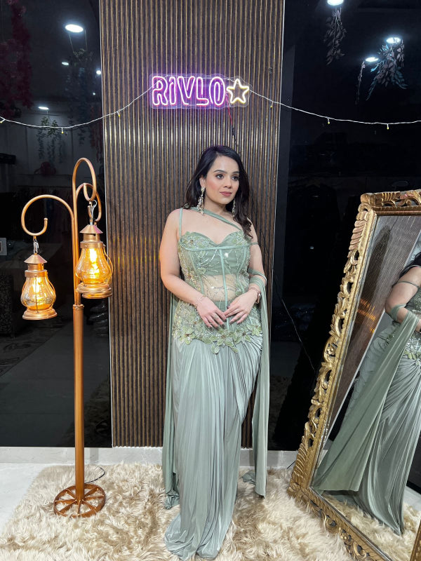 ✨ Mint Green Embellished Drape Saree Gown AC12