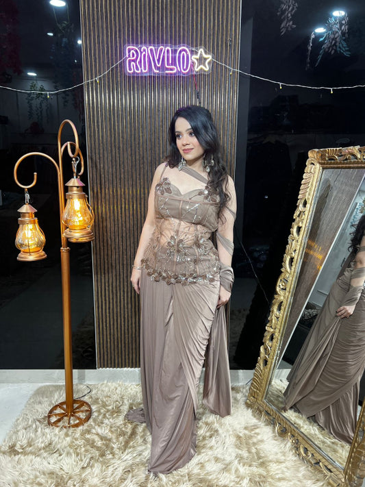 ✨ Mocha Brown Embellished Drape Saree Gown AC11