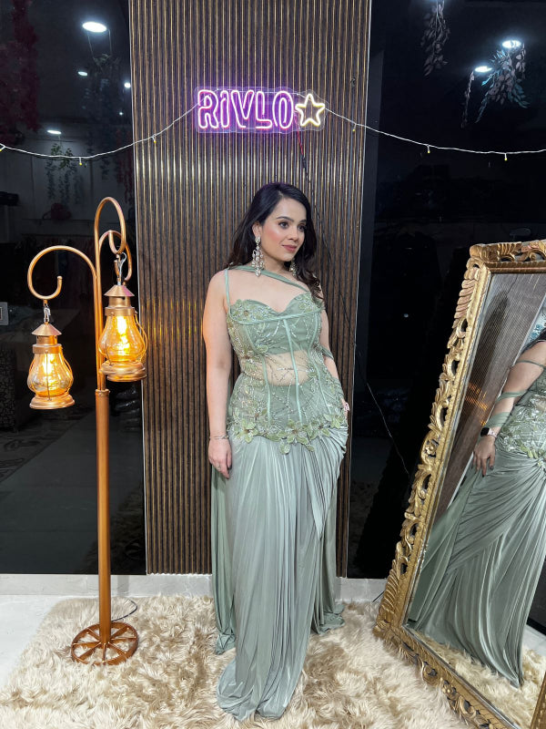 ✨ Mint Green Embellished Drape Saree Gown AC12