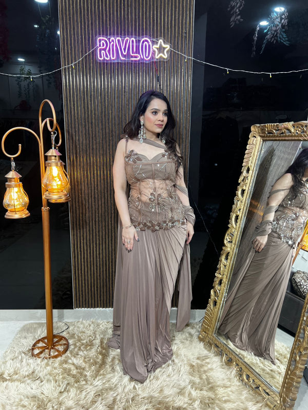 ✨ Mocha Brown Embellished Drape Saree Gown AC11