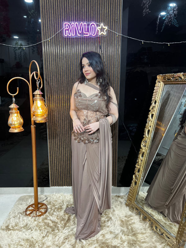 ✨ Mocha Brown Embellished Drape Saree Gown AC11