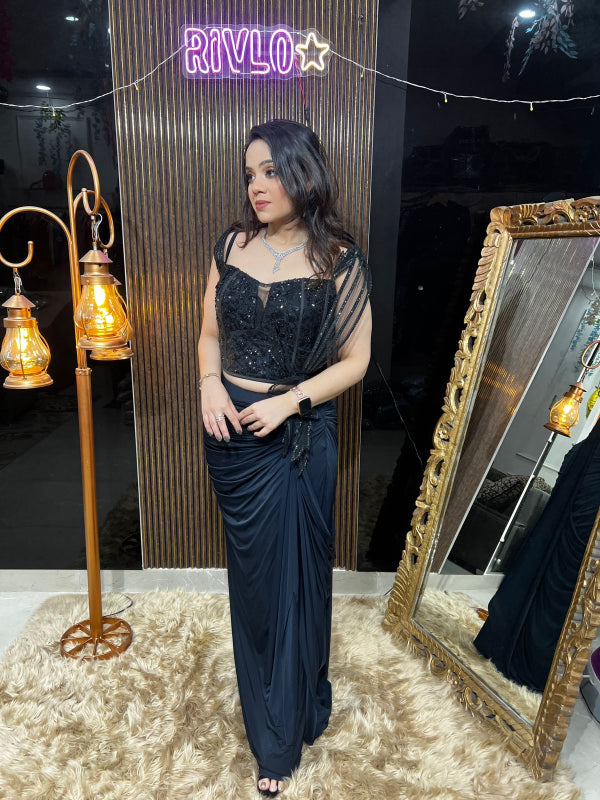 ✨ Elegant Champagne and black Drape Saree Gown AC10