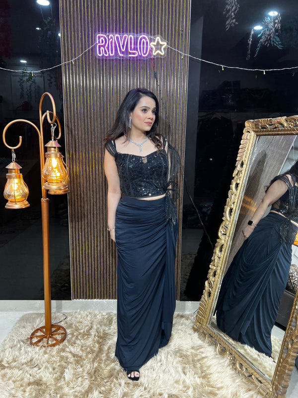 ✨ Elegant Champagne and black Drape Saree Gown AC10