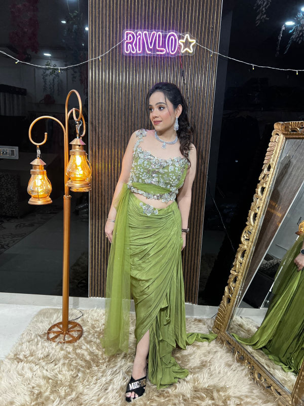 Olive Embellished Drape Saree Set RC401