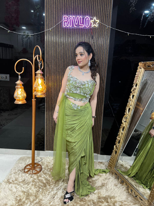 Olive Embellished Drape Saree Set RC401