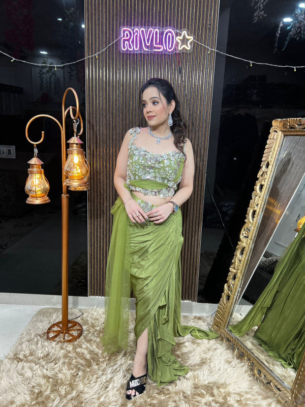 Olive Embellished Drape Saree Set RC401