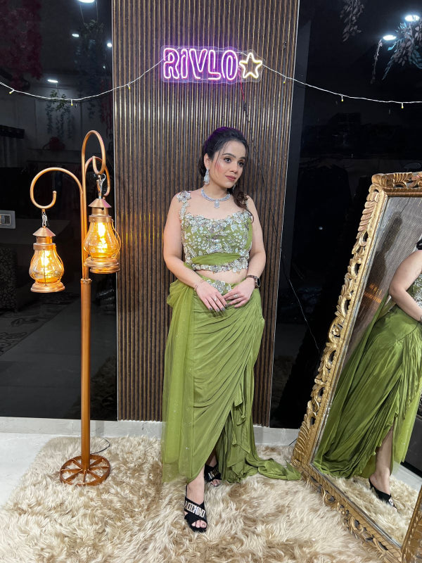 Olive Embellished Drape Saree Set RC401