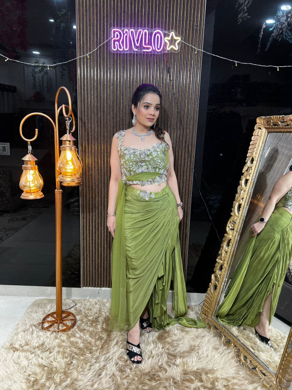 Olive Embellished Drape Saree Set RC401