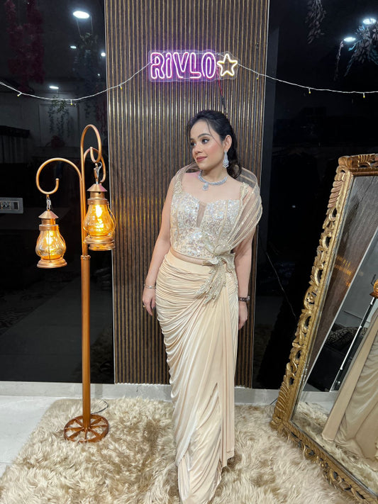 ✨ Elegant Champagne and black Drape Saree Gown AC10