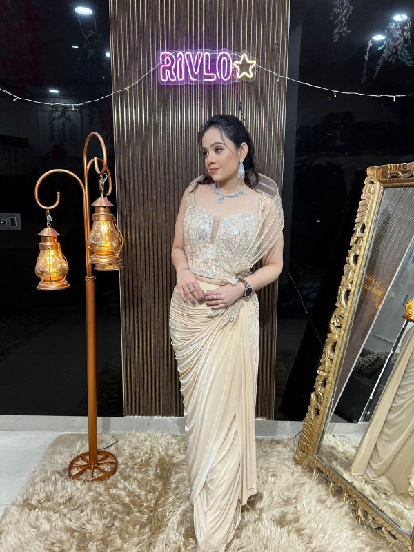 ✨ Elegant Champagne and black Drape Saree Gown AC10