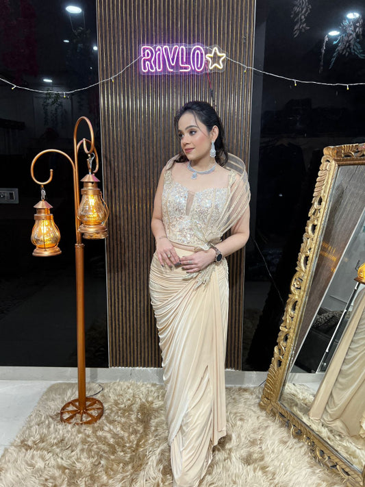 ✨ Elegant Champagne  Drape Saree Gown AC10