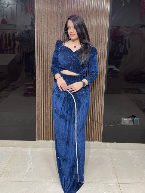 Navy Noir Sequins Indo-Western Drape RC411