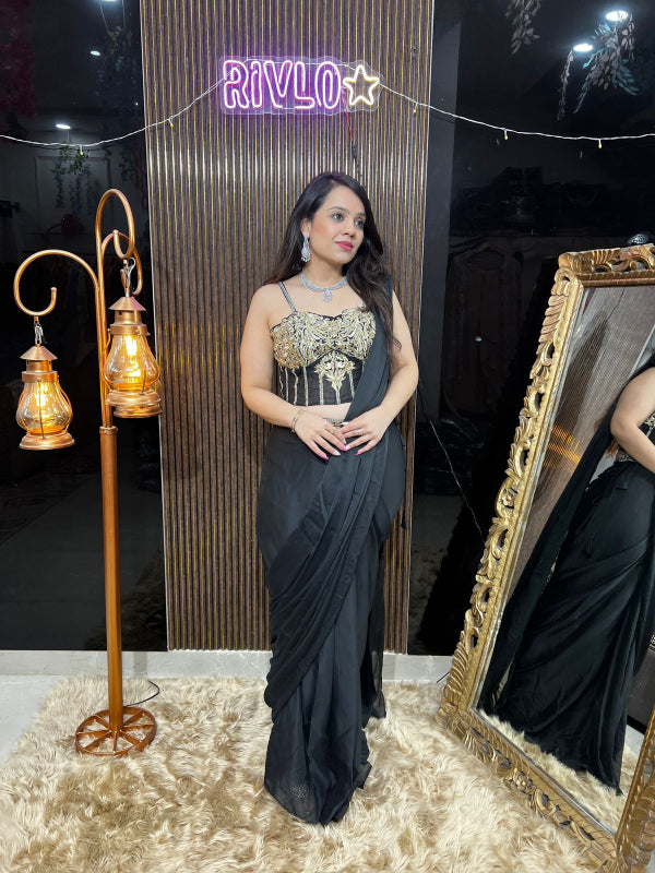 ✨Black Pre-Draped Saree with Embellished Blouse ✨✨ RC406