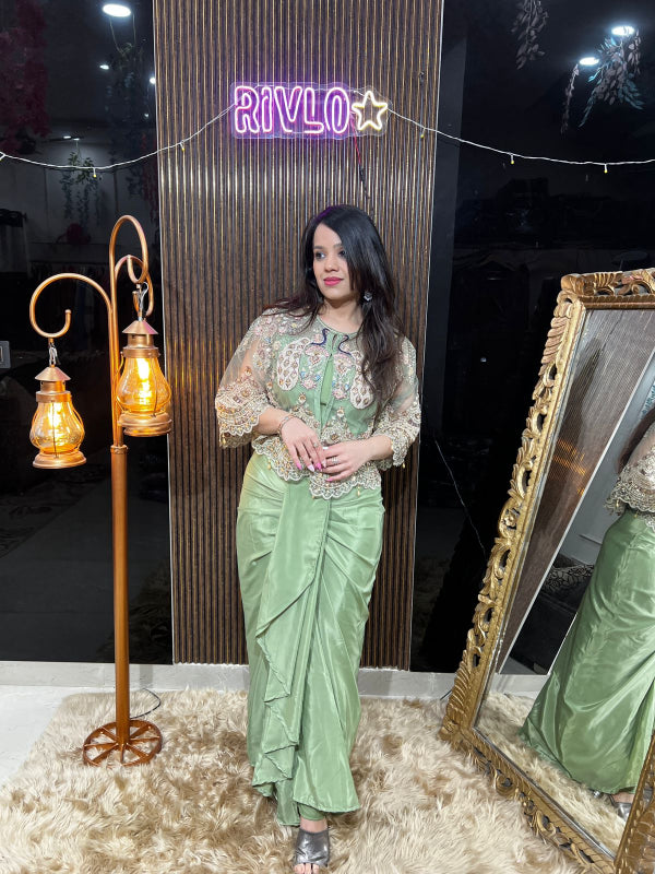 ✨ Mint Green And Baby Pink Embellished Draped Indo-Western Set RC404