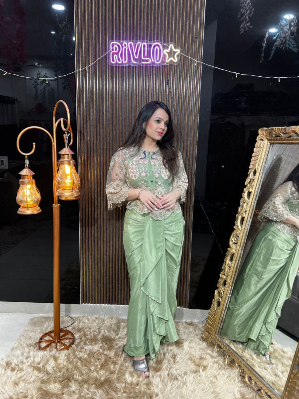 ✨ Mint Green And Baby Pink Embellished Draped Indo-Western Set RC404