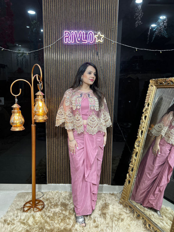 ✨ Mint Green And Baby Pink Embellished Draped Indo-Western Set RC404