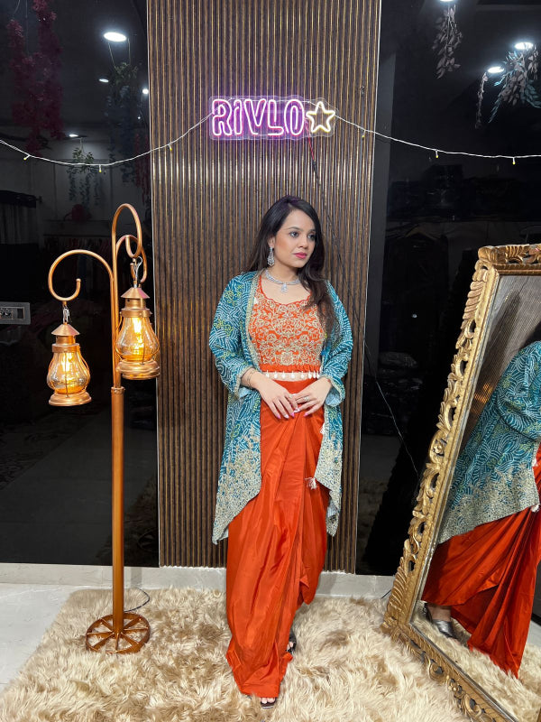 ✨ Dual Shasde Blue And Orange Embroidered Cape & Skirt Indo-Western Set RC408
