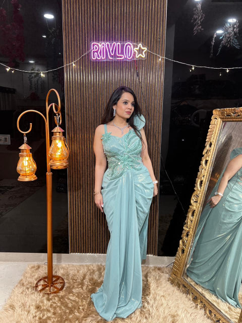✨ Aqua Mint And Beige One-Shoulder Embellished Draped Gown Set RC419