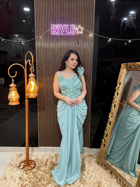 ✨ Aqua Mint And Beige One-Shoulder Embellished Draped Gown Set RC419