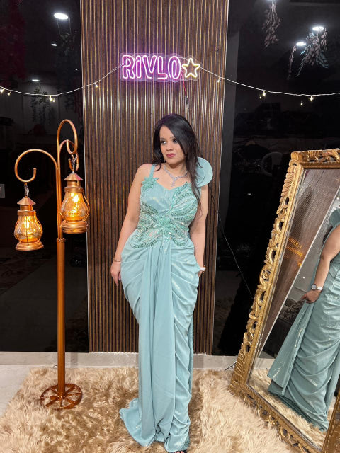 ✨ Aqua Mint And Beige One-Shoulder Embellished Draped Gown Set RC419