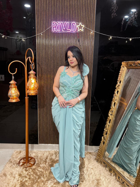 ✨ Aqua Mint And Beige One-Shoulder Embellished Draped Gown Set RC419