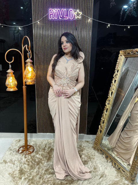 ✨ Aqua Mint And Beige One-Shoulder Embellished Draped Gown Set RC419