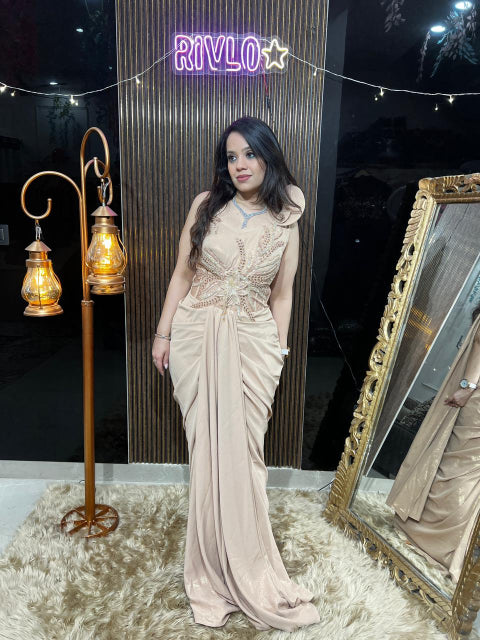 ✨ Aqua Mint And Beige One-Shoulder Embellished Draped Gown Set RC419