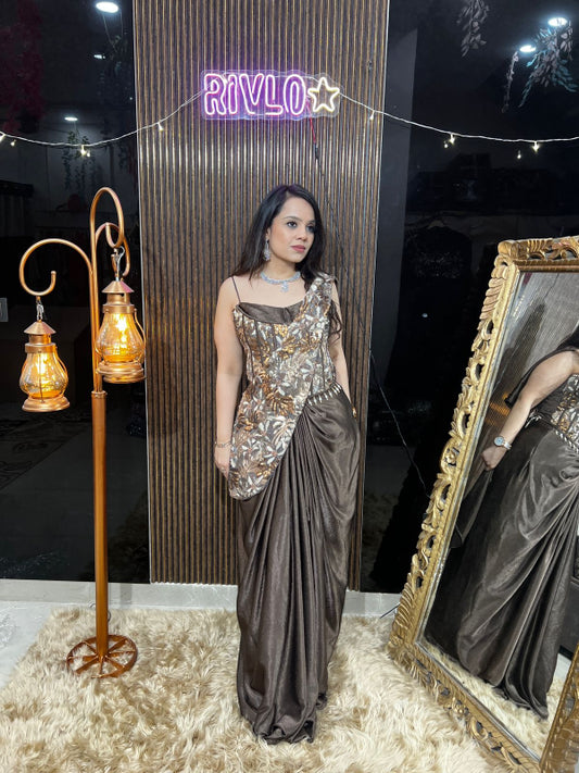 ✨ Bronze Sculpted Drape Saree with Heavy Hand-Embellished Corset Blouse RC426