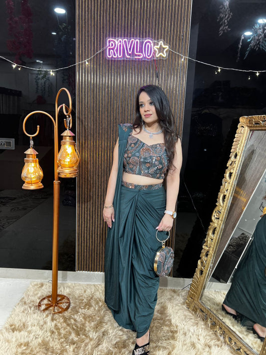 ✨ Designer Navy Blue And Green Drape Saree Set with Embellished Bag RC425