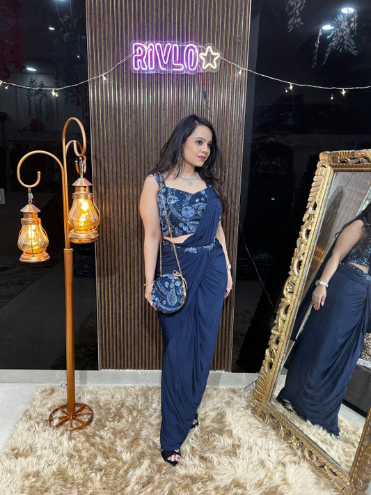 ✨ Designer Navy Blue And Green Drape Saree Set with Embellished Bag RC425